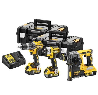Комплект акумулаторни инструменти DeWALT с 3 батерии и зарядно, DCD796, DCH273, DCF887, 18V, 5Ah