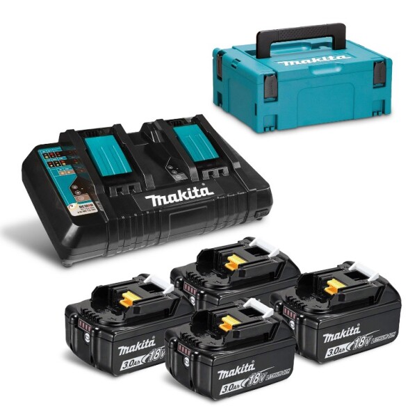 Комплект Makita - четири батерии 18V, 3Ah BL1830 и двойно зарядно DC18RD