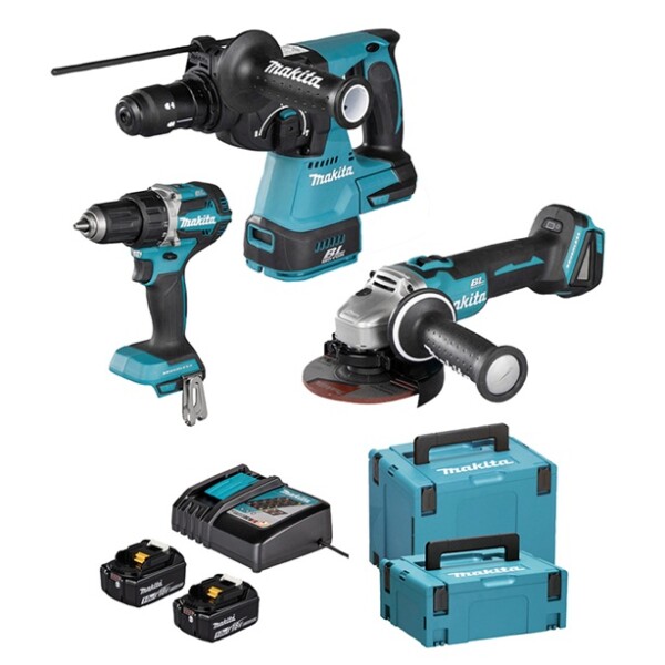 Комплект акумулаторни инструменти Makita с 2 батерии и зарядно, DDF484, DGA504, DHR243, 18 V, 5 Ah, DLX3195JX1