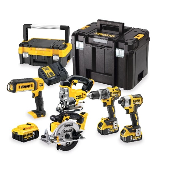 Комплект акумулаторни машини, винтоверт, импакт, ръчен циркуляр, прободен трион, фенер DeWALT DCK551P3T, 18V
